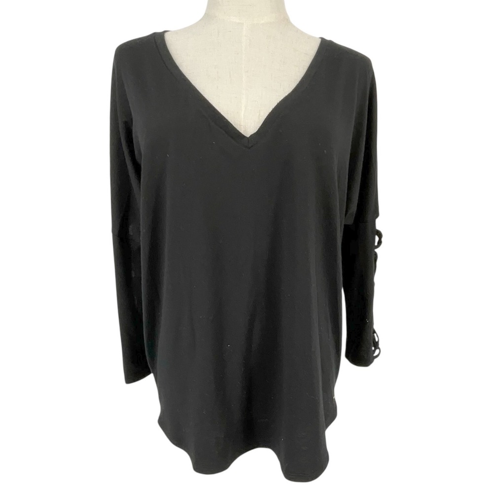 Guess Los Angeles Womens Black V-Neck Long Sleeve Lattice‎ Cutout Top Large
